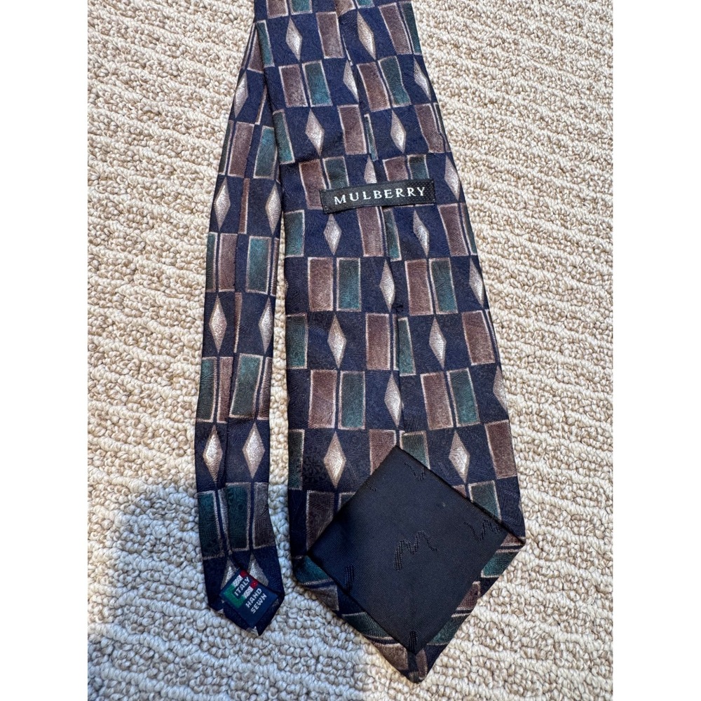 Mulberry Silk‎ Tie Mens Navy Blue Geometric Diamond Brown Green Italy Hand Sewn